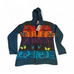India Boutique Colorful Hooded Jacket with Embroidered and Cut Designs NWT